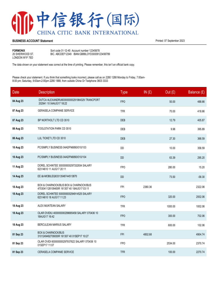 Modèle Word et PDF de relevé de compte d'entreprise de la China Citic Bank